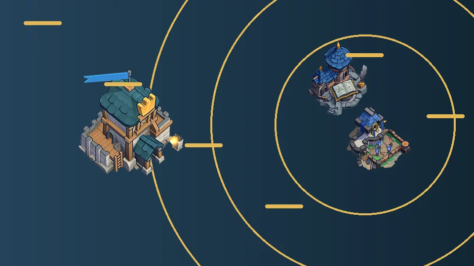 Kingshot building relationship artwork featuring Academy, Command Center