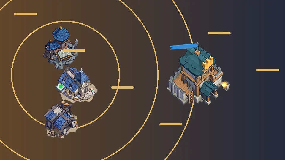 Kingshot building relationship artwork featuring Academy, Infirmary, Storehouse
