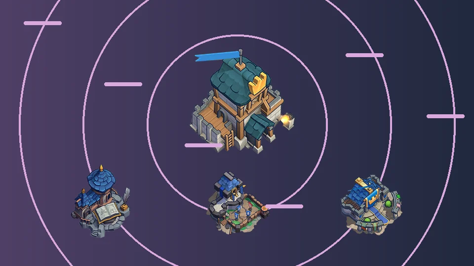 Kingshot building relationship artwork featuring Academy, Command Center, Embassy